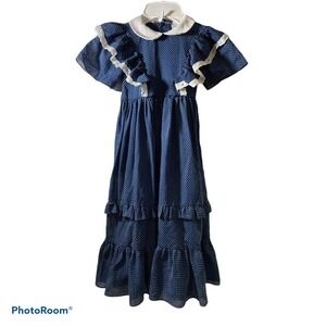 VTG Jill Lynn Dress 4T Navy Polka Dot S/S Ruffle Lace long Cottage Prairie SI17